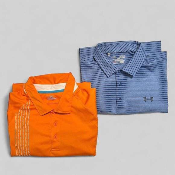 Under armour Other - Under Armour Mens Polo Shirt Size XL Blue Orange Striped Logo Heat Gear Lot Of 2